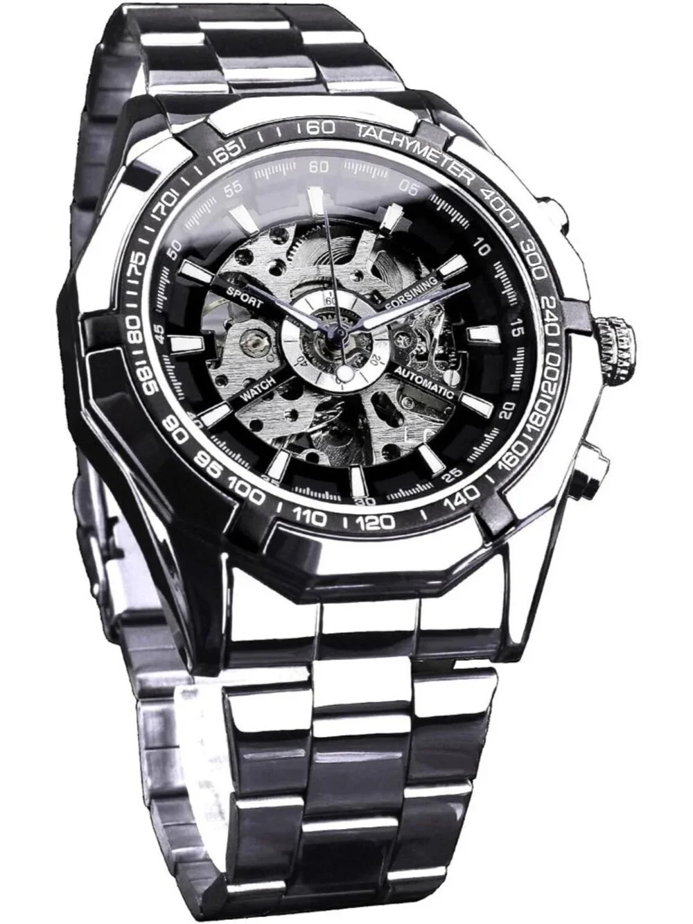 Men Silver Black Self-Wind Skeleton Hollow Out Mechanical Automatic Luxury Watch